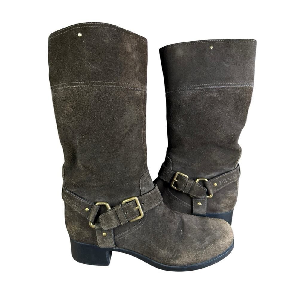 Prada Brown Mid calf Suede Biker Boots with Gold Buckle Logo EU 39 US 9 - Picture 2 of 13